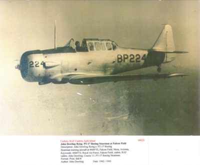 Cadet John Dowling flying PT-17 Boeing Stearman at Falcon Field - From Course 11 - 1942/1943 - Photo No. 00025; 83393 Cadet John Dowling flying PT-17 Boeing Stearman at Falcon Field - From Course 11 - 1942/1943 - Photo No. 00025; 83393