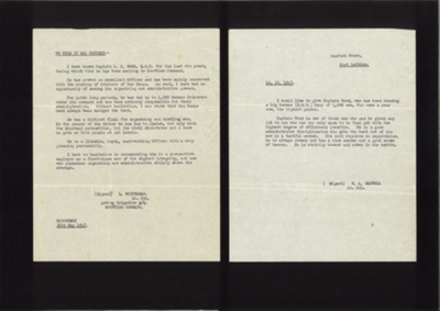 Letters of reference (2) - capt G.H.Hood R.P.C. - ex Commander P.O.W. camp - Scottish command - 26/05/1947; 26/05/1947; 5149 Letters of reference (2) - capt G.H.Hood R.P.C. - ex Commander P.O.W. camp - Scottish command - 26/05/1947; 26/05/1947; 5149