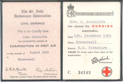 First Aid wallet (black) - with nine St. John & Red Cross Certificates for First Aid & Nursing - Mrs J. Sutcliffe - 1965-1971; 36836