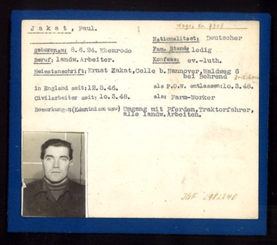 German P.O.W. record card - Paul Jakat - German - Dob 08/06/1924; 6583 German P.O.W. record card - Paul Jakat - German - Dob 08/06/1924; 6583