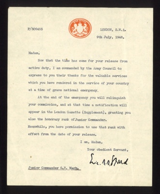 Letter- release from active duty dated 09.07.1946 to a 'G.V. Mark' ; 78805