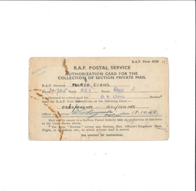 R.A.F. Postal Service authorization card - Norman Race - Bomb Disposal - North Coates - 17/10/1949; 17/10/1949; 35516