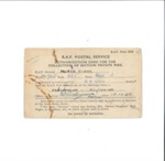 R.A.F. Postal Service authorization card - Norman Race - Bomb Disposal - North Coates - 17/10/1949; 17/10/1949; 35516