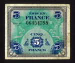 Bank note - Allied invasion currency - cinq francs - 1944; 1/01/1944; 6436 Bank note - Allied invasion currency - cinq francs - 1944; 1/01/1944; 6436