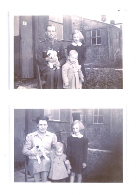 3 copy photographs, Guards at Eden Camp, Lt F K Lewis, 2nd from right, bottom row in group, individual on other 2 with wife and puppy, in Guards compound huts. ; 54440