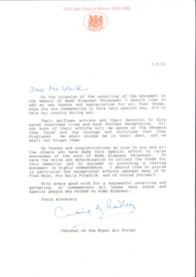 Copy of letter - from Marshal of the Royal Air Force commending efforts of the R.A.F. bomb disposal teams - 01/09/2001; 1/09/2001; 37415