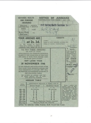 National Health and Pensions insurance card - notice of arrears; 7/07/1946; 43136 National Health and Pensions insurance card - notice of arrears; 7/07/1946; 43136