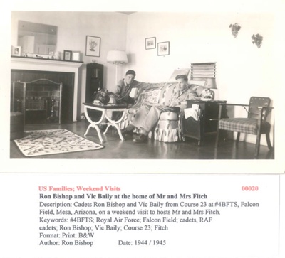 Cadets Ron Bishop and Vic Baily -  From Course 23 on a Weekend visit to hosts Mr and Mrs Fitch - 1944/1945 - Photo No. 00020; 83385 Cadets Ron Bishop and Vic Baily -  From Course 23 on a Weekend visit to hosts Mr and Mrs Fitch - 1944/1945 - Photo No. 00020; 83385