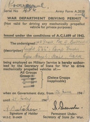 Army form a2038 - War Department Driving Permit - Pte A. Butcher 14391411 - 26/06/1943 to 25/07/1943; 26/06/1943; 38141
