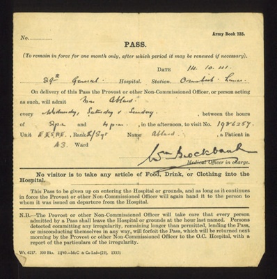 Army book 235 - hospital pass - 29th General Hospital - OrmsKirk - Sgt A Bland 1986257 E.E.S.R.E. - 14/10/1941; 14/10/1941; 2097 Army book 235 - hospital pass - 29th General Hospital - OrmsKirk - Sgt A Bland 1986257 E.E.S.R.E. - 14/10/1941; 14/10/1941; 2097