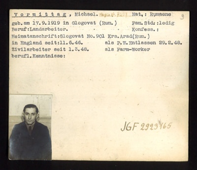 German P.O.W. record card - Michael Vormittag - Rumanian - Dob 17/09/1919; 6638