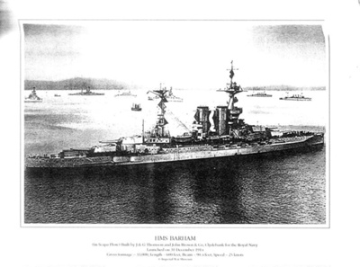 Photocopied photograph and information about HMS Barham; 83659