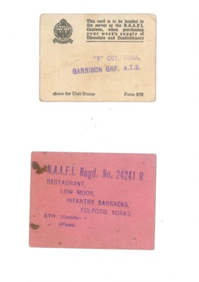 N.A.A.F.I. ration cards (2) - white for "Chocolate and confectionary" & pink for "Cigarettes and tobacco"; 36175