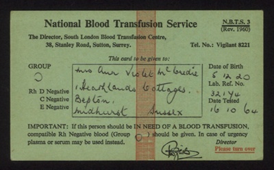 National blood transfusion service card. 1964. Violet Bell (McCredie). Sussex nurse; 68868