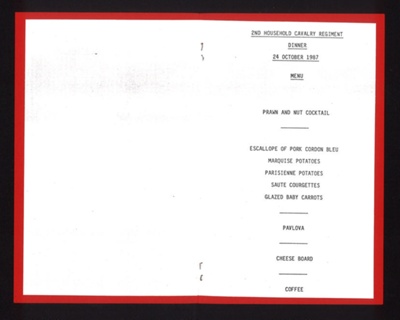 Dinner menu - the Life Guards - "2nd Household cavalry Regiment" - 24/10/1987; 24/10/1987; 5130
