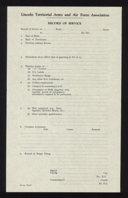 Record of service forms - Lincoln Territorial Army and Air Force Association - March 1943; 1/03/1943; 5595 Record of service forms - Lincoln Territorial Army and Air Force Association - March 1943; 1/03/1943; 5595