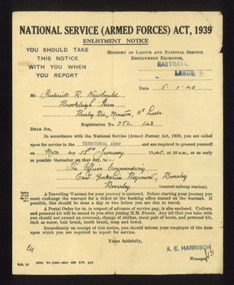 Army form - National Service (armed forces) act 1939 - enlistment notice - F.R. Newbould - Leeds - 05/01/1940; 5/01/1940; 5672 Army form - National Service (armed forces) act 1939 - enlistment notice - F.R. Newbould - Leeds - 05/01/1940; 5/01/1940; 5672