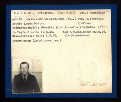 German P.O.W. record card - Friedrich Bersch - German - Dob 29/12/1909; 6608