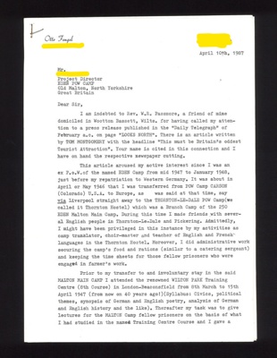 Letter - from Otto Fengel German ex P.O.W. camp 83 - Old Malton - 10/04/1987; 10/04/1987; 9602