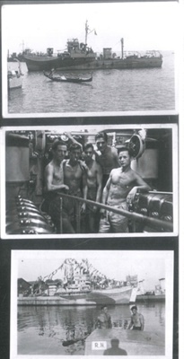 Copies (2) of photographs (3) - R.N.P.S. minesweeper pennant no: "B.Y.M.S. 3pt56" in Venice - Trieste - plus 5 members of crew including Geoff Wilson; 1/01/1944; 35359 Copies (2) of photographs (3) - R.N.P.S. minesweeper pennant no: "B.Y.M.S. 3pt56" in Venice - Trieste - plus 5 members of crew including Geoff Wilson; 1/01/1944; 35359