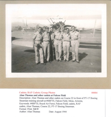 Alun Thomas and other cadets in group photograph in front of PT.17 Boeing Stearman Training Aircraft - Course 22 - Falcon Field - August 1944 - Photo No. 00004; 83464 Alun Thomas and other cadets in group photograph in front of PT.17 Boeing Stearman Training Aircraft - Course 22 - Falcon Field - August 1944 - Photo No. 00004; 83464