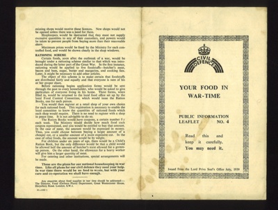 Civil Defence information leaflet no: 4 - "Your food in war-time" - July 1939; 1/07/1939; 13116