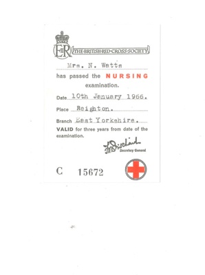 Notification of passing the British Red Cross Society examination on nursing - Mrs Nora Watts - 10/01/1966; 10/01/1966; 34972