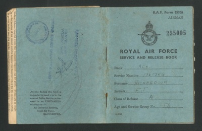R.A.F. form 2520a - service and release book - F.J. Richardson 1768354 R.A.F. - 11/02/1943 to 14/06/1947; 11/02/1943; 1808