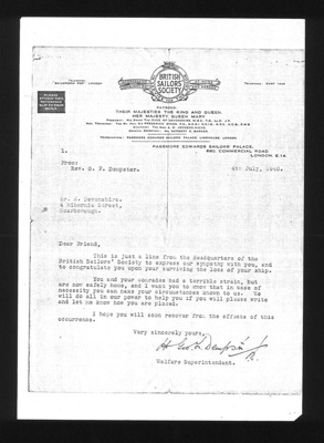Photocopy - letter of sympathy from British sailors' society to Mr. E. Devonshire on surviving the loss of his ship - 04/07/1940; 4/07/1940; 2229