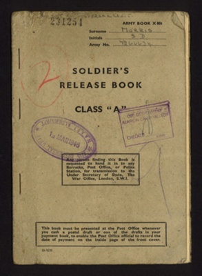 'Soldier's release book- Class "A"' issued to a 'S.D. Morris' dated 01.03.1946 ; 78788