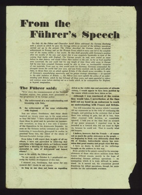 German propaganda leaflet - "From the Fuhrer's speech" - dropped near Malton; 5187