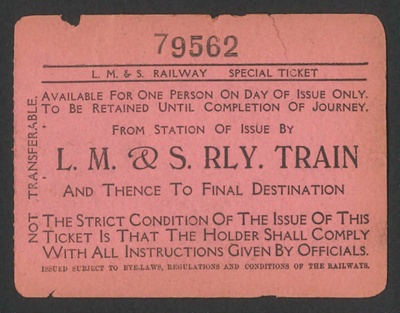 Railway tickets (4) (pink) - "L.M.S Railway" ticket nos: 79558 79562 79563 & 79565; 3245 Railway tickets (4) (pink) - "L.M.S Railway" ticket nos: 79558 79562 79563 & 79565; 3245