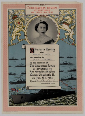 Certificate stating that 'Albert Forrest' was serving H.M.S. Welfare during the Coronation Review on the 15th June 1953 in Spithead, Portsmouth; 79935 Certificate stating that 'Albert Forrest' was serving H.M.S. Welfare during the Coronation Review on the 15th June 1953 in Spithead, Portsmouth; 79935