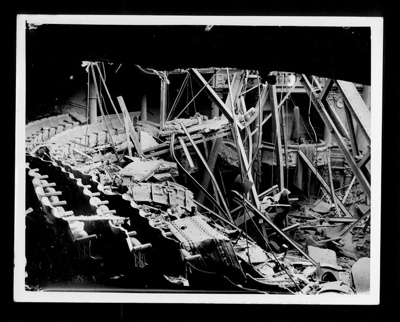 Official copyrighted war photograph- 15th October 1940- London theatre where a bomb caused the roof to collapse onto the stage; 56530