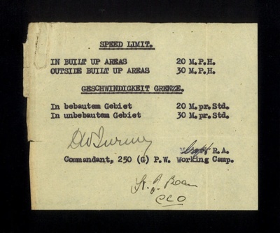 Speed limits - in English & German - issued to German P.O.W.'s at Eden Camp; 29432