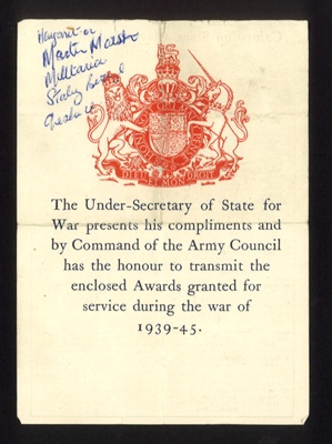Leaflet- list of campaign Stars clasps & medals - enclosed with medals awarded to individuals; 5164