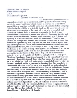 Photocopy translation of a letter from Lt. R S Clark - Royal Signals to Mrs Marlow and Jean; 83507 Photocopy translation of a letter from Lt. R S Clark - Royal Signals to Mrs Marlow and Jean; 83507