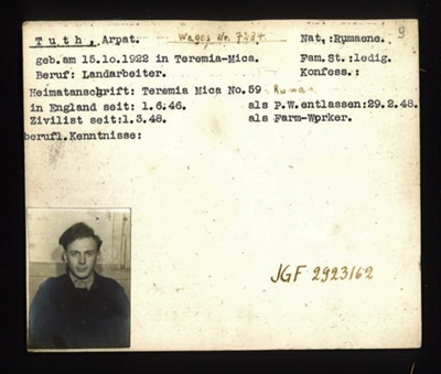 German P.O.W. record card - Arpat Tuth - Rumanian - Dob 15/10/1922; 6635