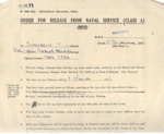 Royal Navy form s1586(a) - order for release from Naval Service (class "A") - Tom Sanderson p/o sba - 05/01/1946; 5/01/1946; 38307 Royal Navy form s1586(a) - order for release from Naval Service (class "A") - Tom Sanderson p/o sba - 05/01/1946; 5/01/1946; 38307
