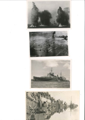 Photographs (4) - convoy under air attack (2) & unidentified R.N. warships (2) (one a cruiser & the other a battleship); 34876 Photographs (4) - convoy under air attack (2) & unidentified R.N. warships (2) (one a cruiser & the other a battleship); 34876