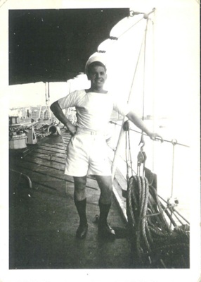 Copy of photograph (original in frame as part of 31776) - Jim joy R.N.P.S. - Hong Kong - 1947; 35561 Copy of photograph (original in frame as part of 31776) - Jim joy R.N.P.S. - Hong Kong - 1947; 35561