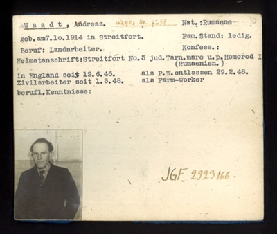 German P.O.W. record card - Andreas Waadt - Rumanian - Dob 07/10/1914; 6639