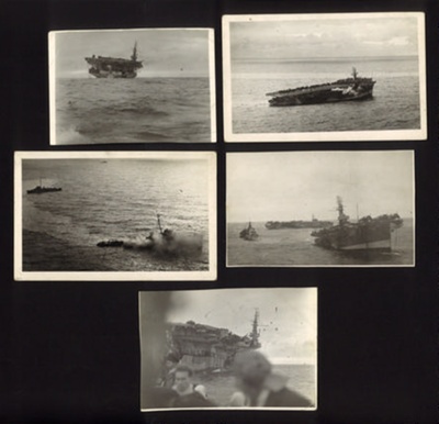 Photographs (5) - aircraft Carrier "H.M.S. NaBob" damaged by torpedo - 22/08/1944 - one photograph with "H.M.S. Trumpeter" in background; 22/08/1944; 2651