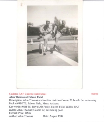 Alun Thomas and another cadet beside the swimming pool - Course 22 - Falcon Field - August 1944 - Photo No. 00003; 83463 Alun Thomas and another cadet beside the swimming pool - Course 22 - Falcon Field - August 1944 - Photo No. 00003; 83463