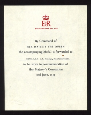 Coronation medal certificate - awarded to C.S.M. J. Colledge - Coldstream Guards - 02/06/1953; 2/06/1953; 7423