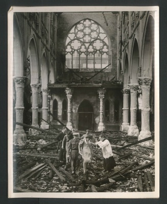 Official copyrighted war photograph- 14th September 1940- wedding ceremony in church wrecked by bombs; 56536