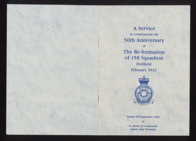 Programme - "To commemorate the 50th anniversary of the re-formation of 158 squadron - Driffield 1942-1992" - with brief history of the squadron; 6/09/1992; 9633