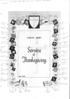 Photocopy of front cover - "Eighth Army service of thanksgiving" Italy 1945 - showing badges of Corps & Divisions in the Italian campaign; 37748 Photocopy of front cover - "Eighth Army service of thanksgiving" Italy 1945 - showing badges of Corps & Divisions in the Italian campaign; 37748
