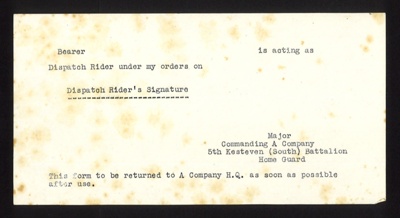 Home Guard despatch riders authorization forms (3) - "5th Kestevan (South) Battalion Home Guard"; 5591 Home Guard despatch riders authorization forms (3) - "5th Kestevan (South) Battalion Home Guard"; 5591