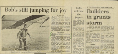 Press cutting - "Bob's still jumping for joy" - Bob Robinson - picture also in hut 22 - forces reunion - ex P.O.W.; 2228 Press cutting - "Bob's still jumping for joy" - Bob Robinson - picture also in hut 22 - forces reunion - ex P.O.W.; 2228